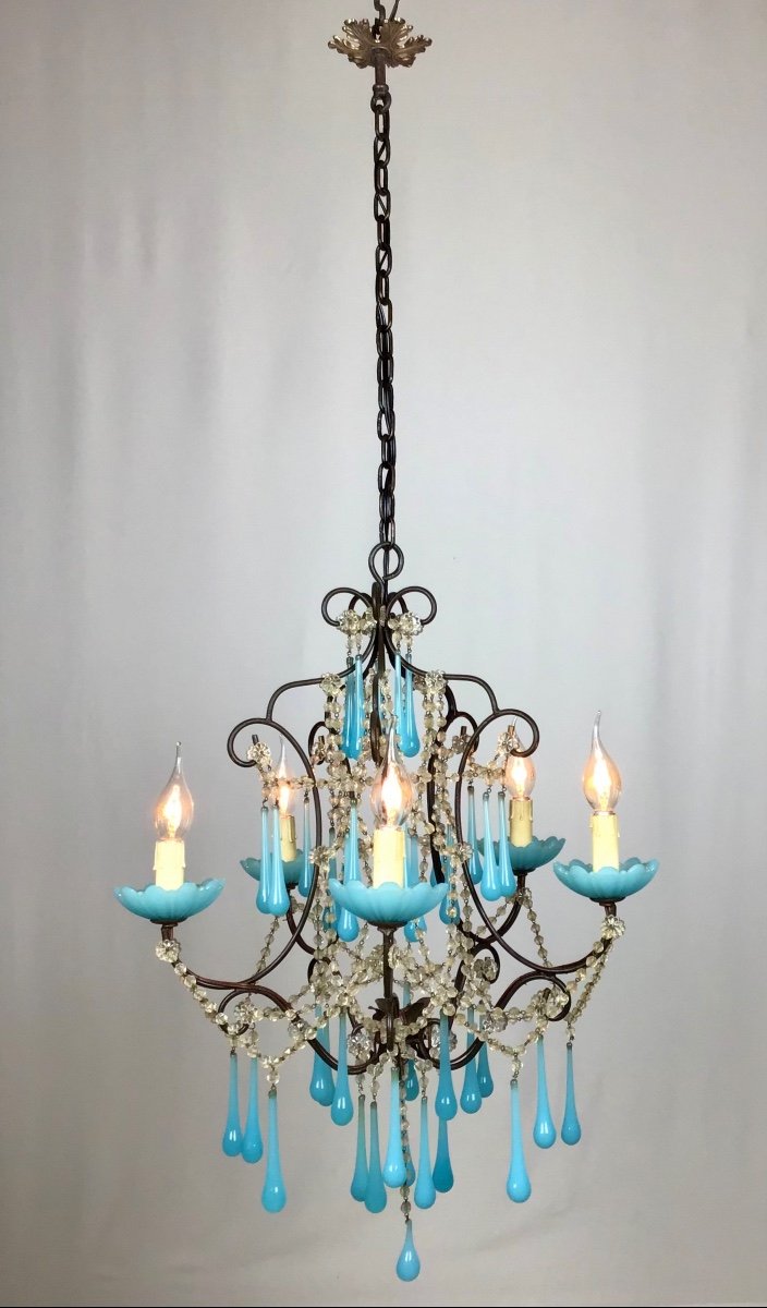 1930 Louis XV Cage 5 Lights French Chandelier Murano Blue Opaline And Iron Antique-photo-2
