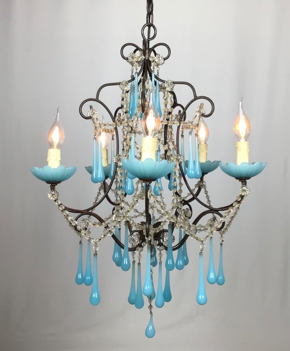 1930 Louis XV Cage 5 Lights French Chandelier Murano Blue Opaline And Iron Antique-photo-3