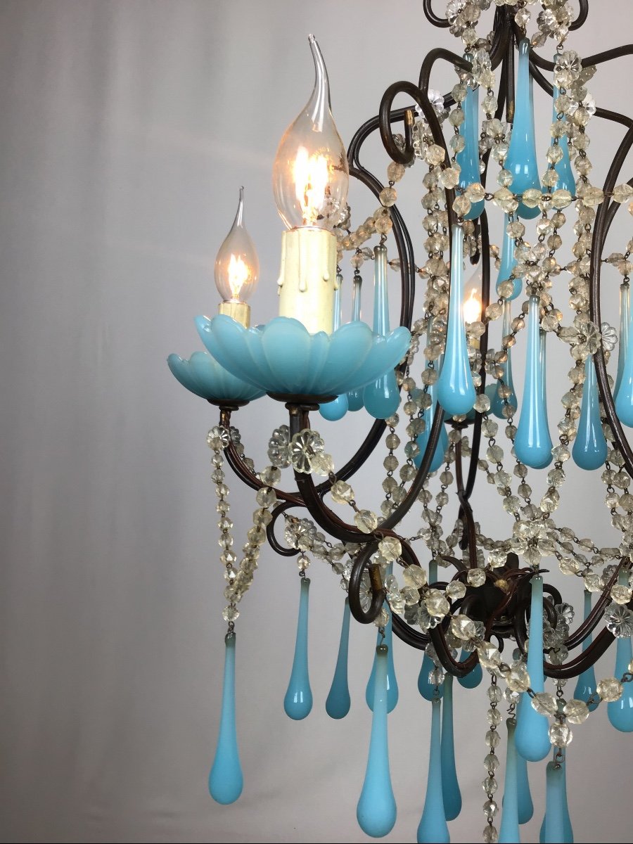 1930 Louis XV Cage 5 Lights French Chandelier Murano Blue Opaline And Iron Antique-photo-1