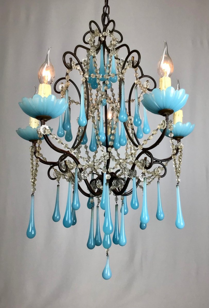 1930 Louis XV Cage 5 Lights French Chandelier Murano Blue Opaline And Iron Antique-photo-2