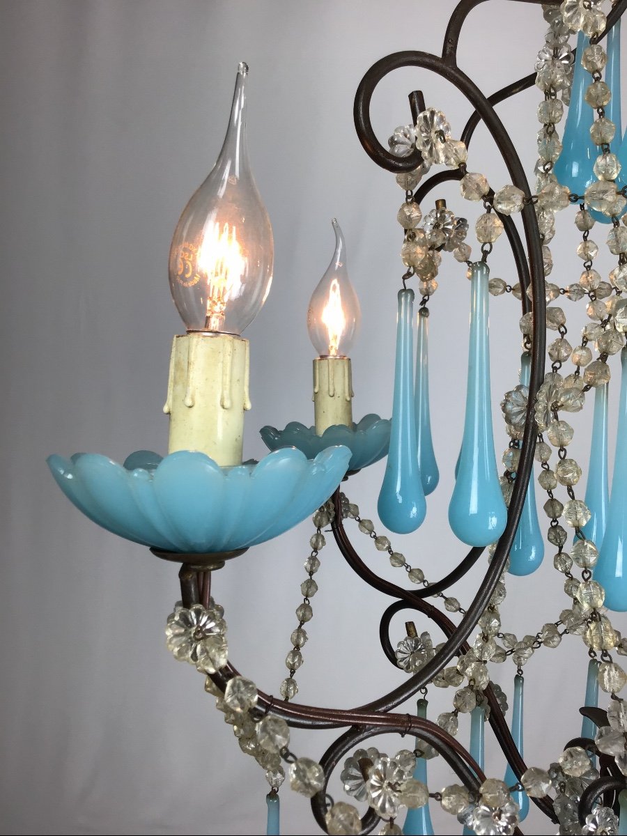 1930 Louis XV Cage 5 Lights French Chandelier Murano Blue Opaline And Iron Antique-photo-3