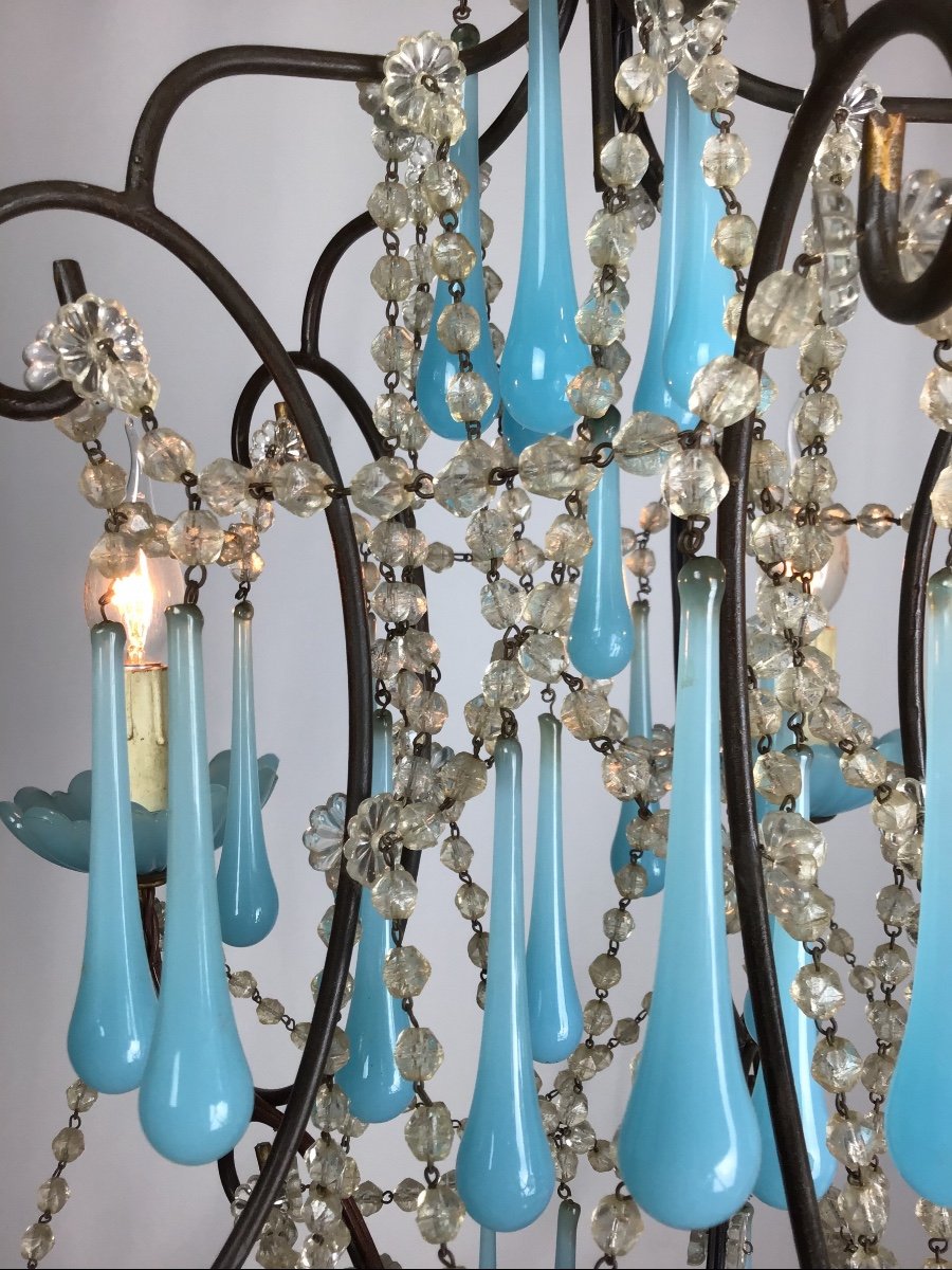 1930 Louis XV Cage 5 Lights French Chandelier Murano Blue Opaline And Iron Antique-photo-4