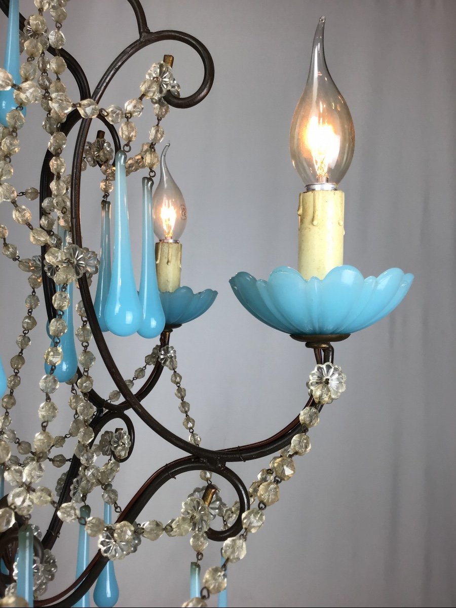 1930 Louis XV Cage 5 Lights French Chandelier Murano Blue Opaline And Iron Antique-photo-5