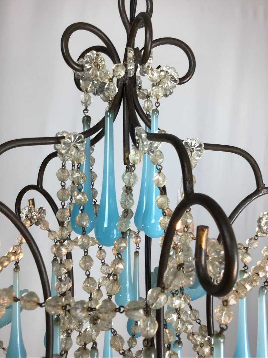 1930 Louis XV Cage 5 Lights French Chandelier Murano Blue Opaline And Iron Antique-photo-6