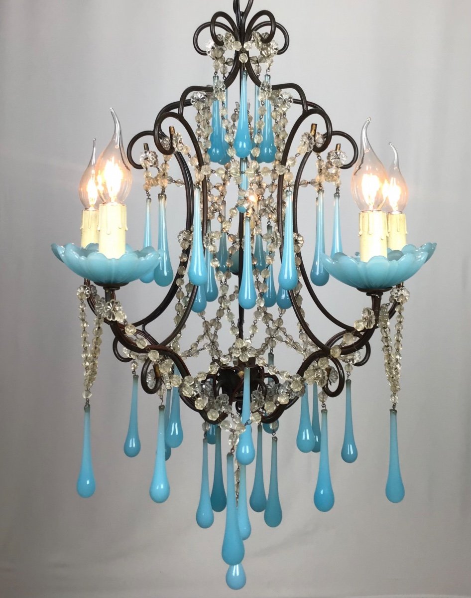 1930 Louis XV Cage 5 Lights French Chandelier Murano Blue Opaline And Iron Antique