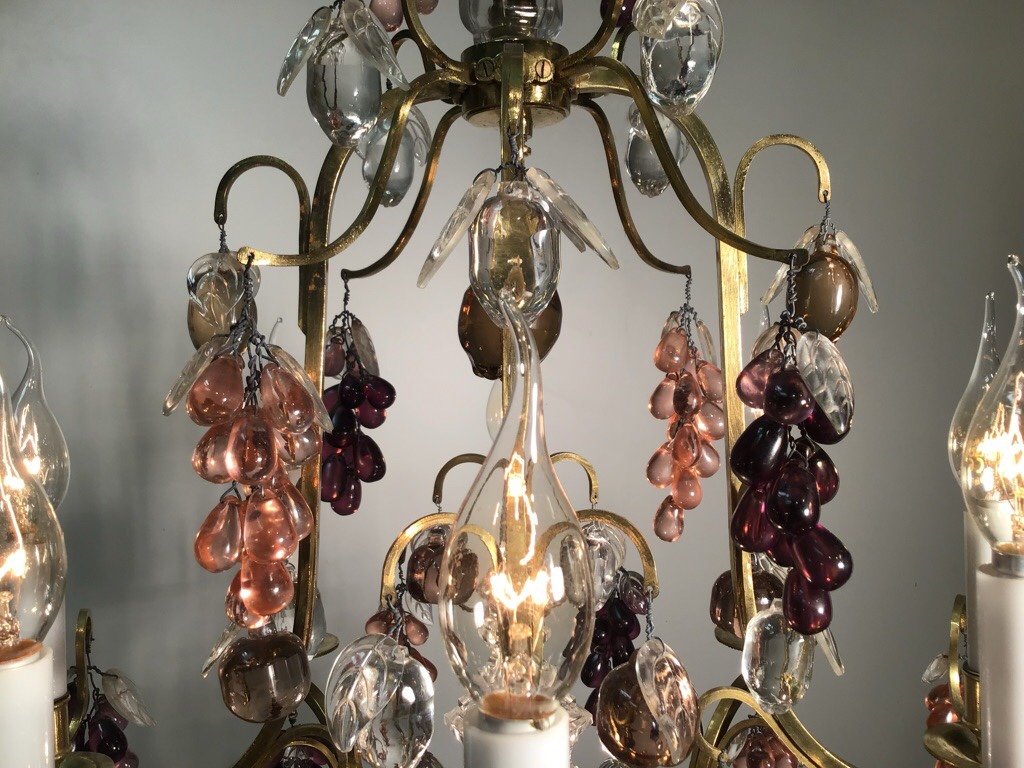 Grand Lustre 19eme Siècle En Bronze Doré à 9 Lumières Portant De Multiples Fruits Murano-photo-6