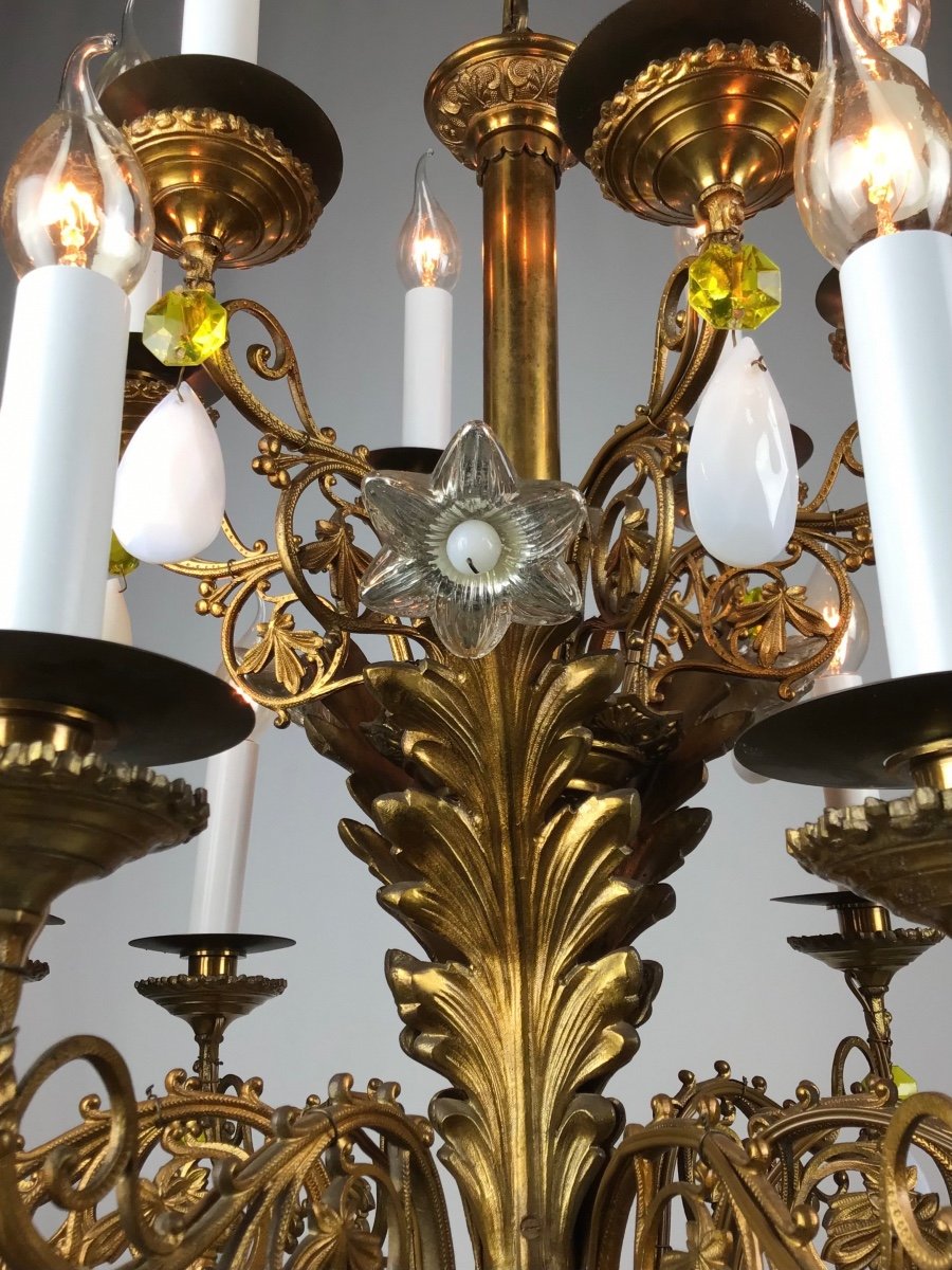 Gothic 15-light Chapel Chandelier With Opaline Crystals And églomisé Glass Flowers-photo-2