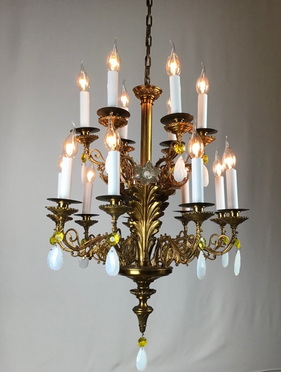 Gothic 15-light Chapel Chandelier With Opaline Crystals And églomisé Glass Flowers-photo-1