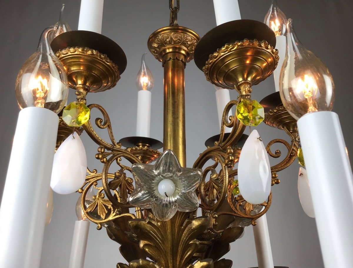 Gothic 15-light Chapel Chandelier With Opaline Crystals And églomisé Glass Flowers-photo-3