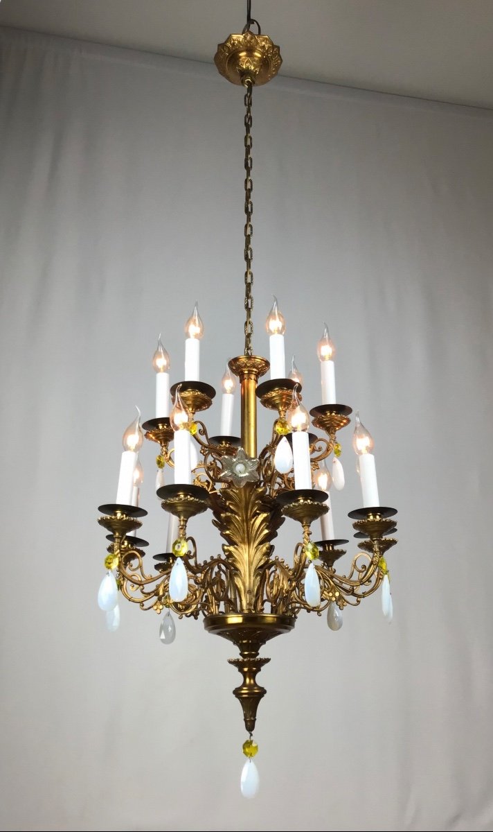 Gothic 15-light Chapel Chandelier With Opaline Crystals And églomisé Glass Flowers