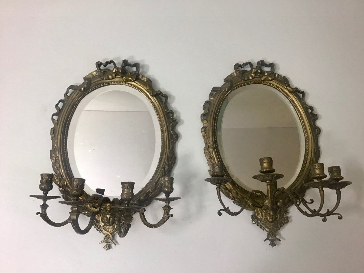 Two Louis XVI Bronze Sconces And Mirrors 4 Arms Of Light 19th Century-photo-2