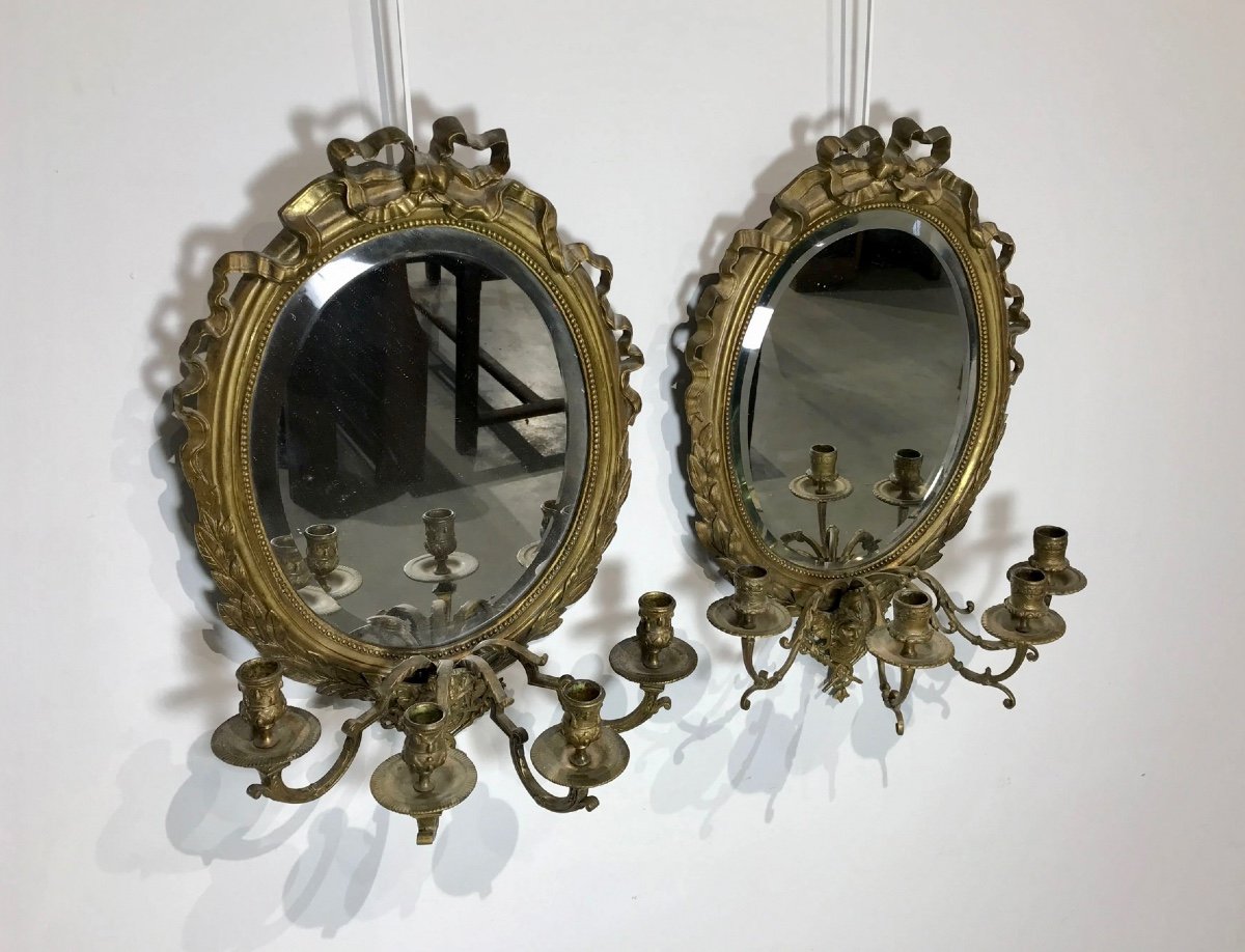 Deux Appliques Louis XVI Bronze Et Miroirs 4 Bras De Lumière 19eme Siècle