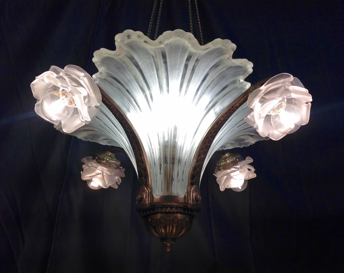 Lustre 1920 de style Art Deco Plaques De Verre En Forme De Vagues Et &eacute;tain-photo-2