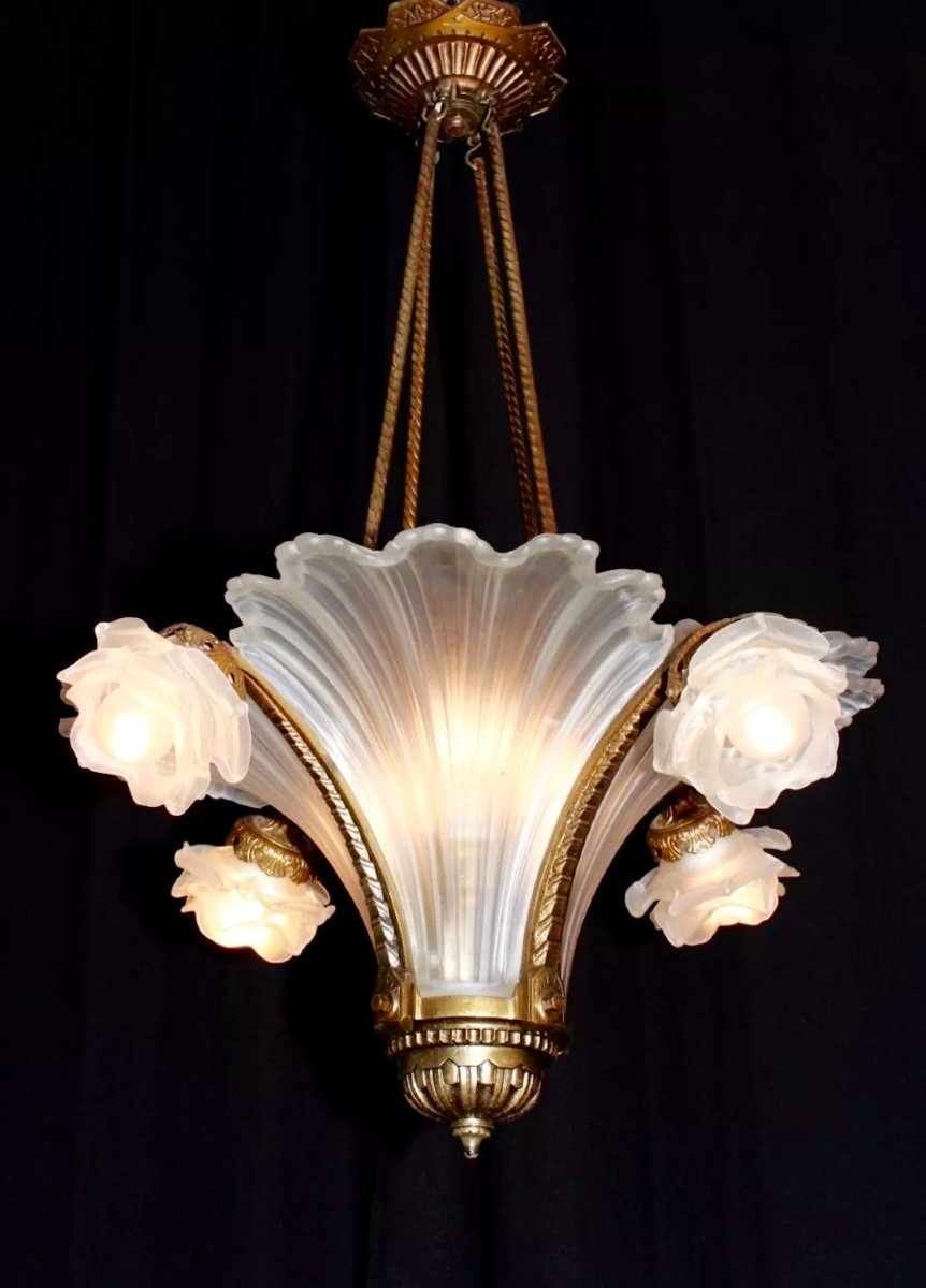 Lustre 1920 de style Art Deco Plaques De Verre En Forme De Vagues Et &eacute;tain