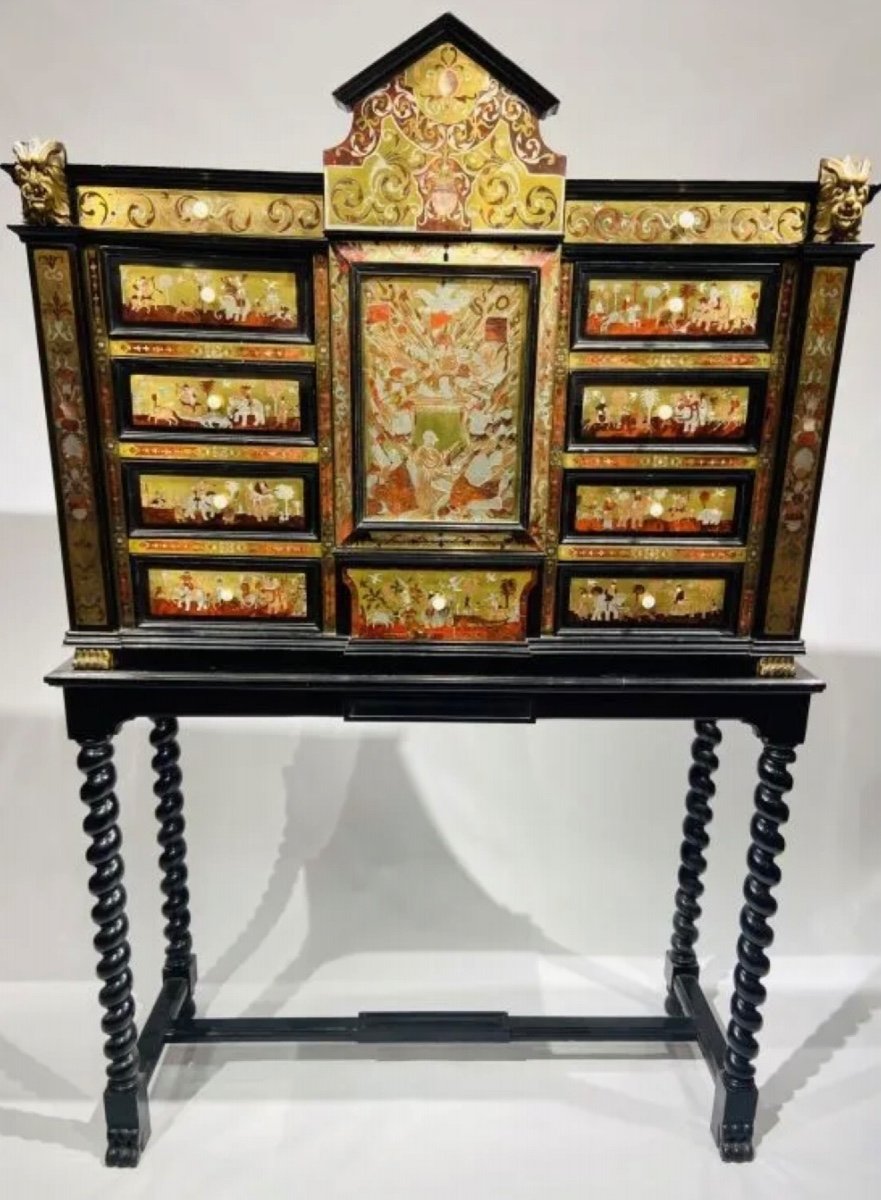 Architectural Cabinet In Renaissance Style Marquetry In The Taste Of The Far East With 3 Secret Caches