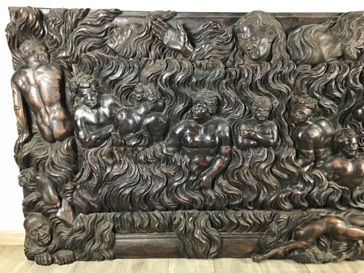 Importante Et Spectaculaire Sculpture à fort Relief 17eme Siècle Scène De La Damnation Bois Naturel-photo-1