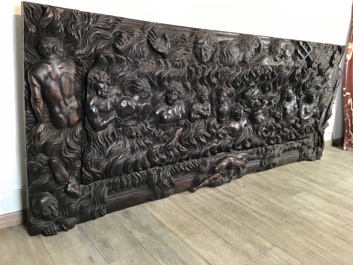 Importante Et Spectaculaire Sculpture à fort Relief 17eme Siècle Scène De La Damnation Bois Naturel