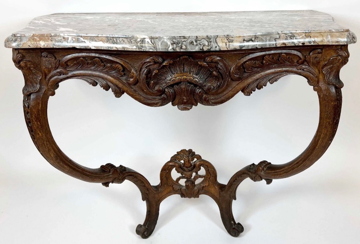 Console 18eme Siècle D’époque Louis XV En Bois Naturel Et Dessus De Marbre