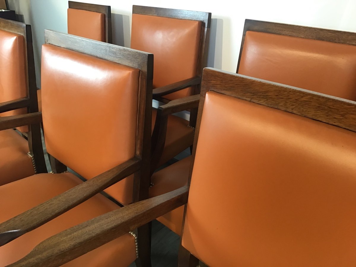 André Arbus 7 Si&egrave;ges 1940 Cuir Fauve Fauteuils Chaises Art Deco-photo-4