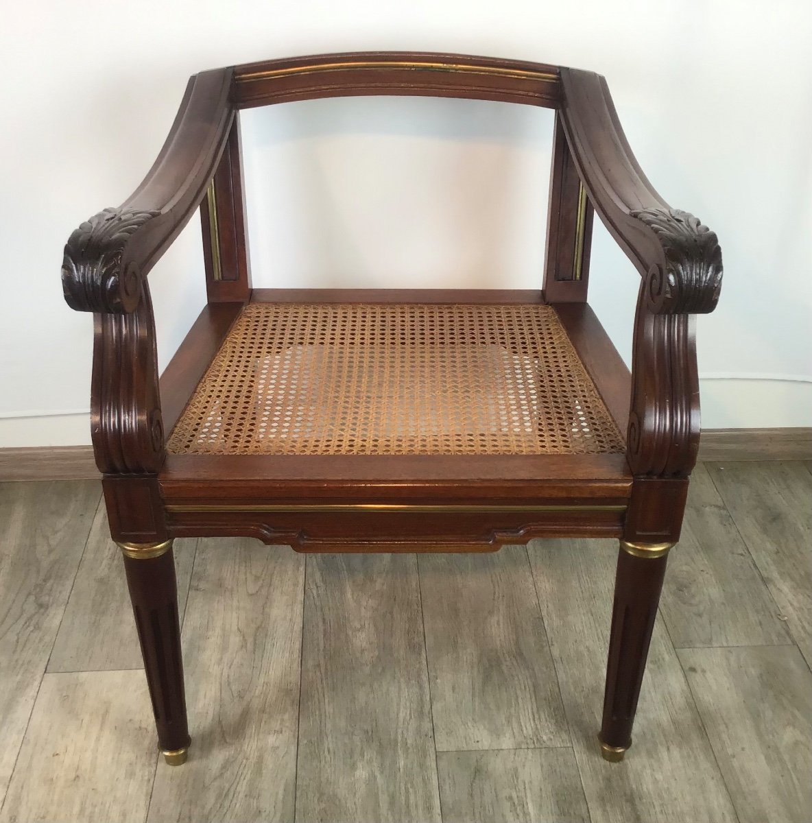 Louis XVI Office Armchair In Solid Mahogany Caning Early 20th Red Velvet Galette-photo-2