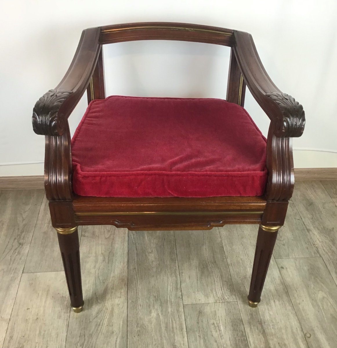 Louis XVI Office Armchair In Solid Mahogany Caning Early 20th Red Velvet Galette-photo-3