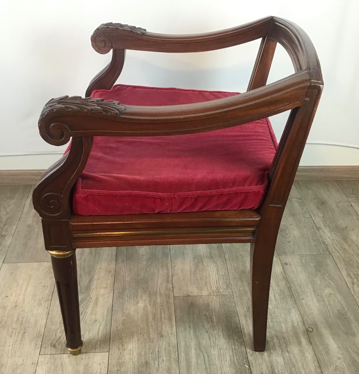 Louis XVI Office Armchair In Solid Mahogany Caning Early 20th Red Velvet Galette-photo-1