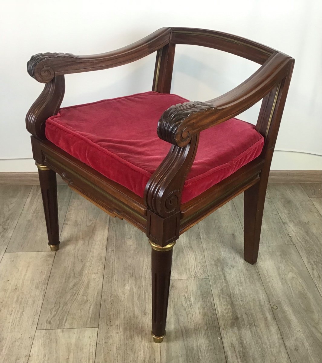 Louis XVI Office Armchair In Solid Mahogany Caning Early 20th Red Velvet Galette-photo-2