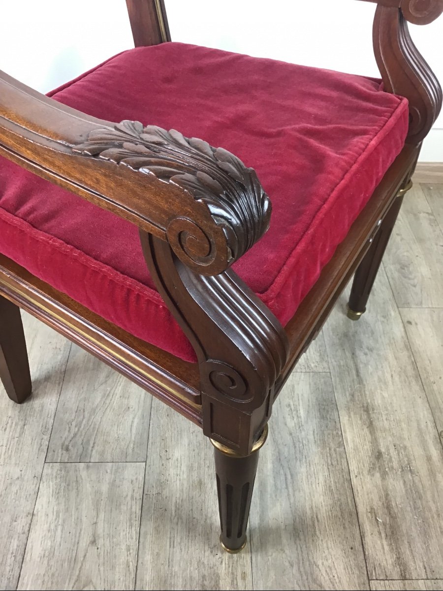 Louis XVI Office Armchair In Solid Mahogany Caning Early 20th Red Velvet Galette-photo-5