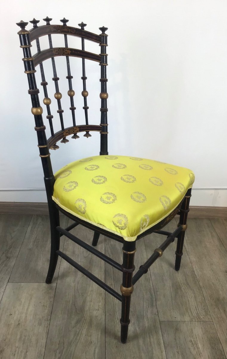 Chaise Napoléon III Assise De Soie Jaune à Décors D’abeille Et Lauriers, Symbole Du 1er Empire