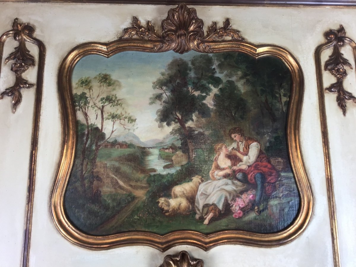 Trumeau Louis XV Peinture Romantique Et Miroir Sur Boiserie Rechampie Cr&egrave;me Et Dor&eacute; -photo-2