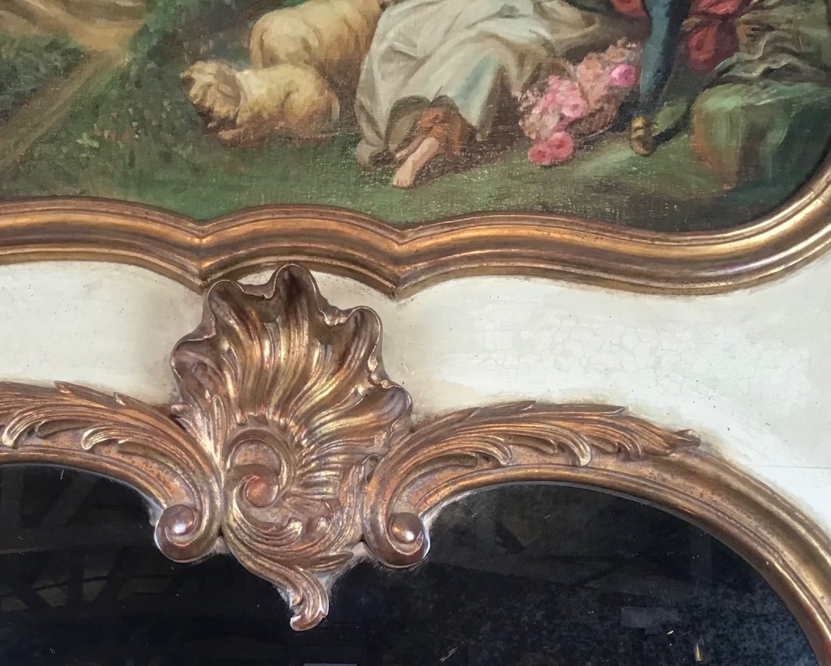 Trumeau Louis XV Peinture Romantique Et Miroir Sur Boiserie Rechampie Cr&egrave;me Et Dor&eacute; -photo-3