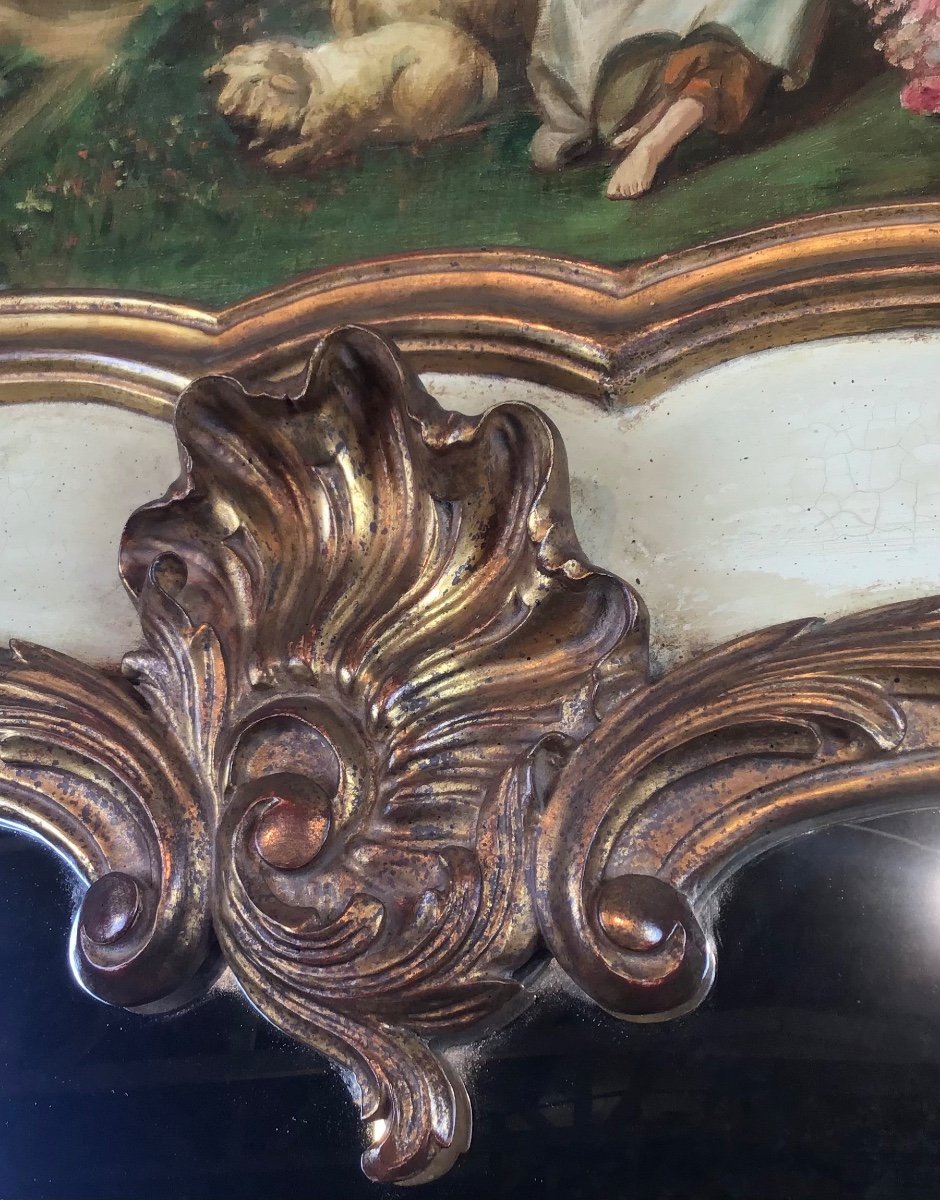 Trumeau Louis XV Peinture Romantique Et Miroir Sur Boiserie Rechampie Cr&egrave;me Et Dor&eacute; -photo-4