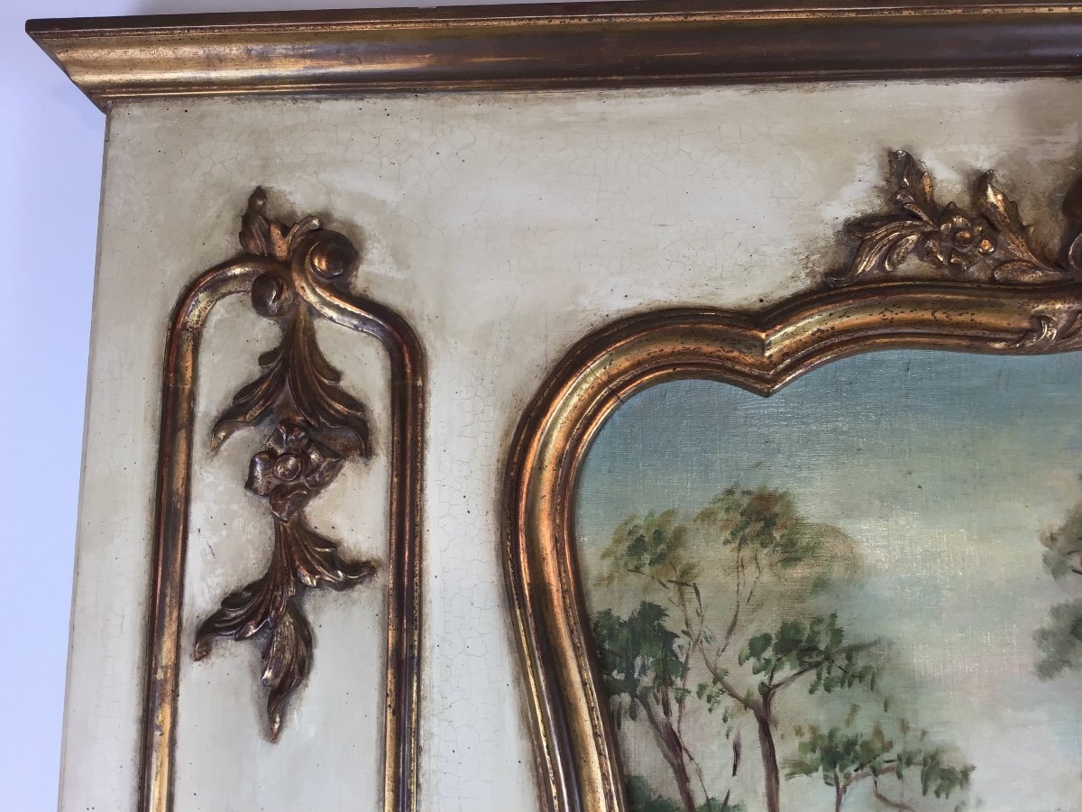 Trumeau Louis XV Peinture Romantique Et Miroir Sur Boiserie Rechampie Cr&egrave;me Et Dor&eacute; -photo-1