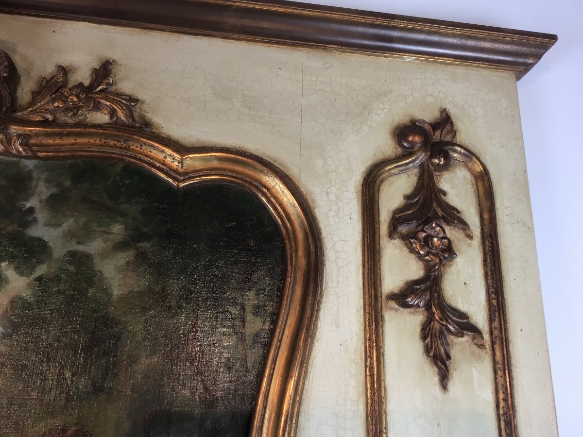 Trumeau Louis XV Peinture Romantique Et Miroir Sur Boiserie Rechampie Cr&egrave;me Et Dor&eacute; -photo-2