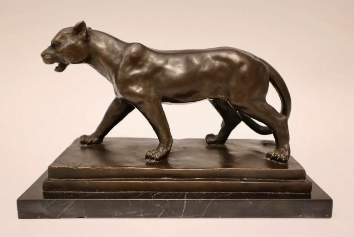 Antoine Louis Barye Bronze Sculpture Lioness Walking On Marble Base-photo-3