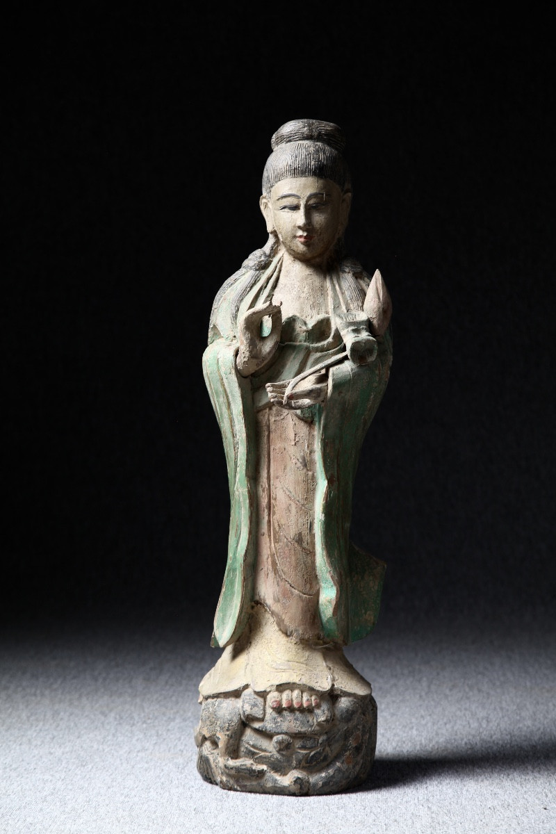 Statue Divinit&eacute; En Bois Polychrome 89cm Chine XIXeme Si&egrave;cle