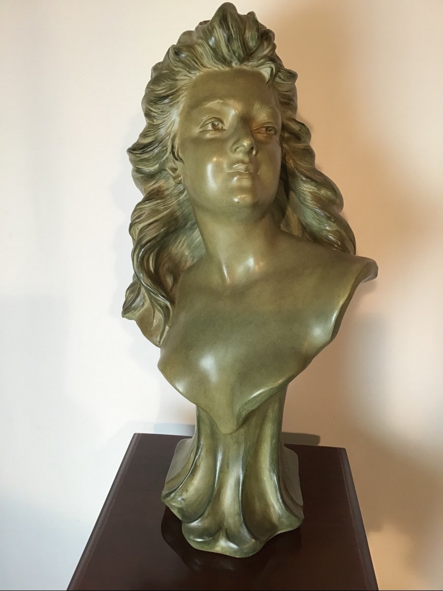 André Bruyas Buste Signé époque 1900 Art Nouveau De Femme à La Chevelure Abondante Terre Cuite