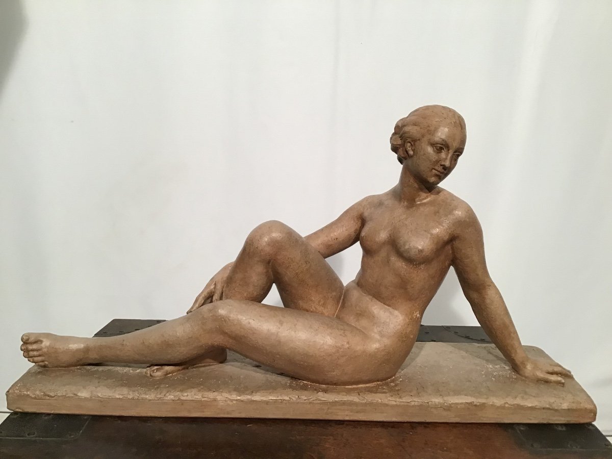 Henri Bargas Sculpture De Femme Allongée En Terre Cuite Art Deco