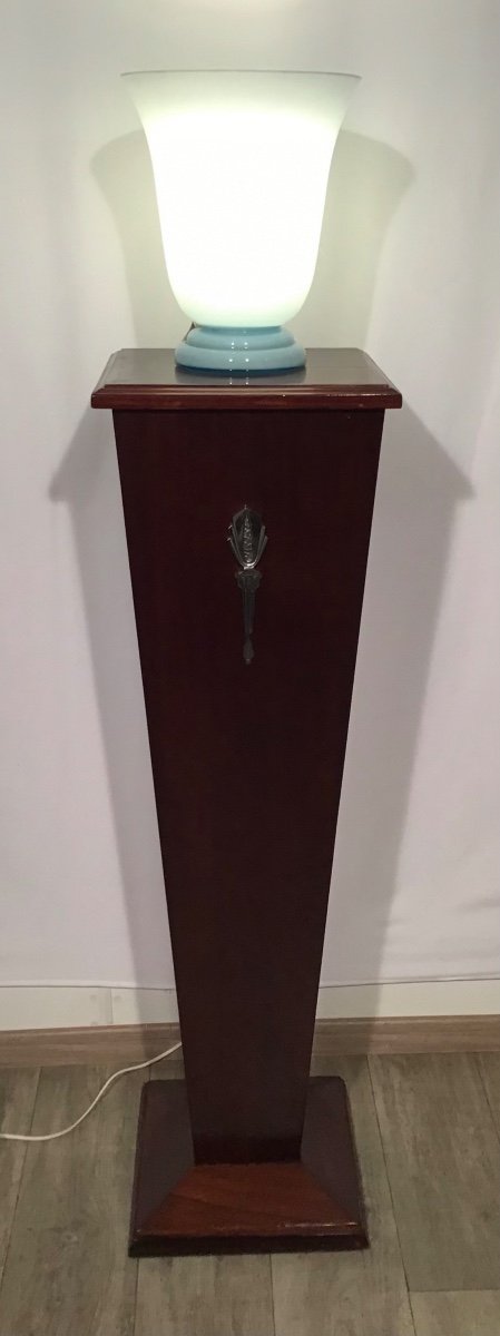 Lampe Vasque à Poser Art Deco En Opaline Ou Verre Double Couche Bleu Lagon Et Blanc-photo-3