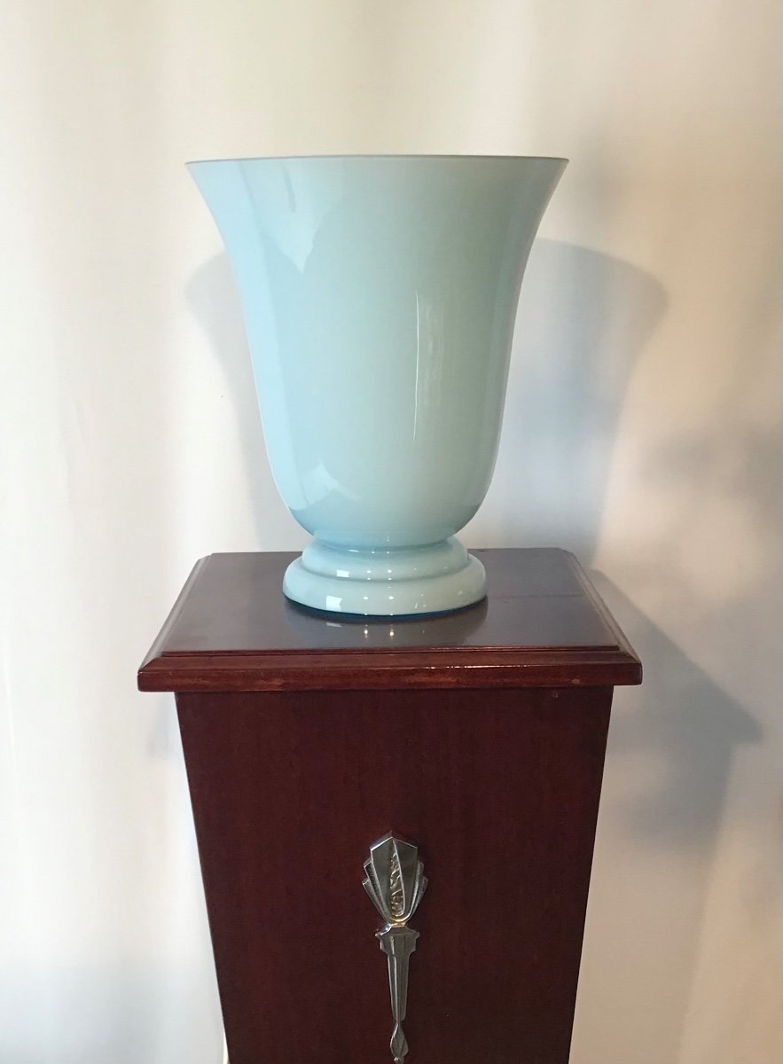 Lampe Vasque à Poser Art Deco En Opaline Ou Verre Double Couche Bleu Lagon Et Blanc