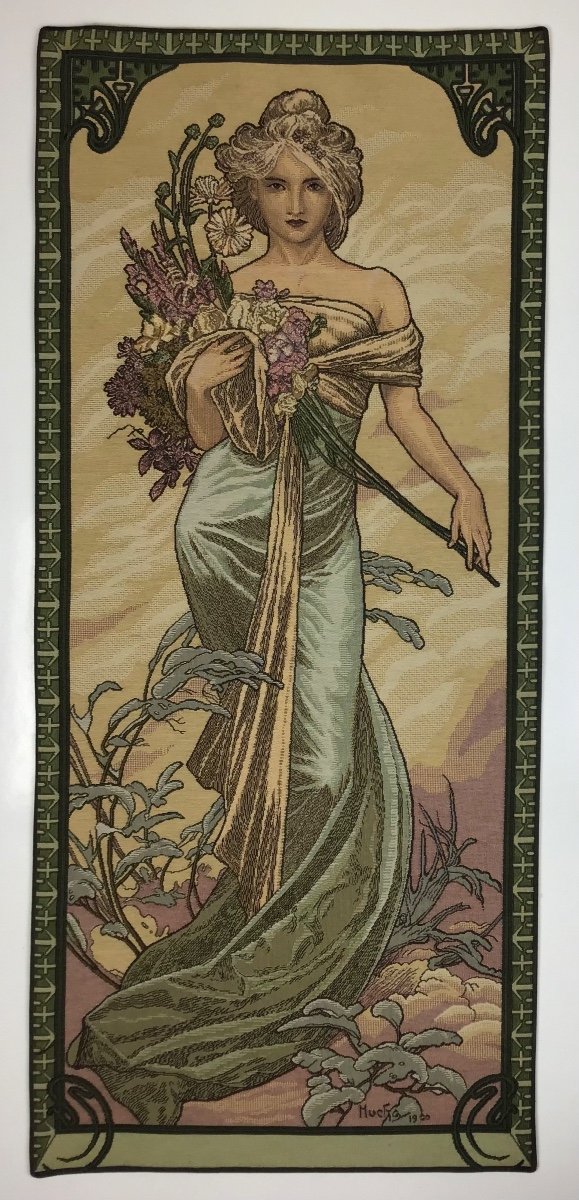 Suite Of 4 Tapestry Art Nouveau On The Theme Of Mucha's 4 Seasons-photo-4
