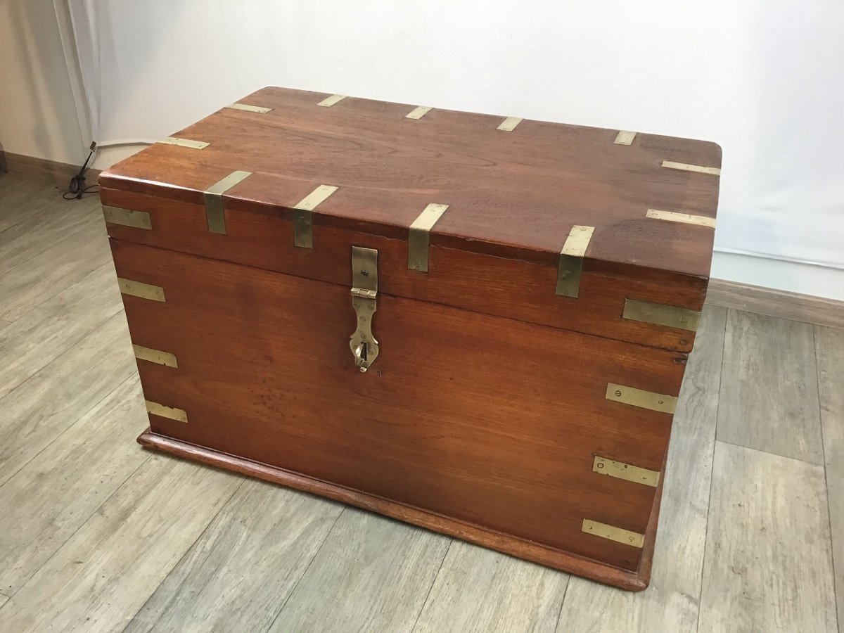 Marine Trunk Solid Teak Brass Reinforcements 19th Century Travel Trunk Secret Compartment