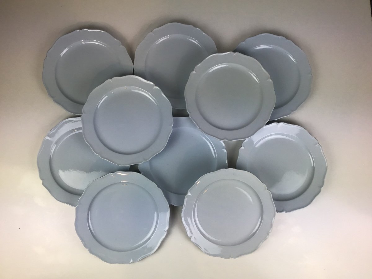 Montereau 1830 Series Of 10 Rare Scalloped Plates Light Blue Color 19th Louis XV-photo-2