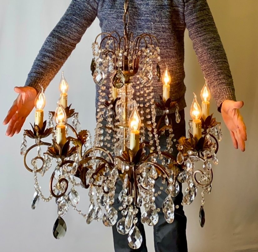 Lustre à 8 Bras De Lumière En Métal Doré Et Nombreuses Pampilles-photo-2