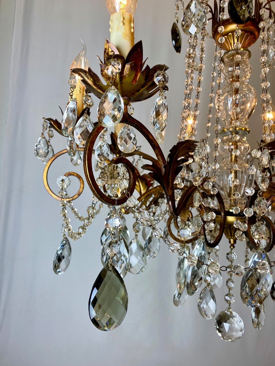 Lustre à 8 Bras De Lumière En Métal Doré Et Nombreuses Pampilles-photo-3