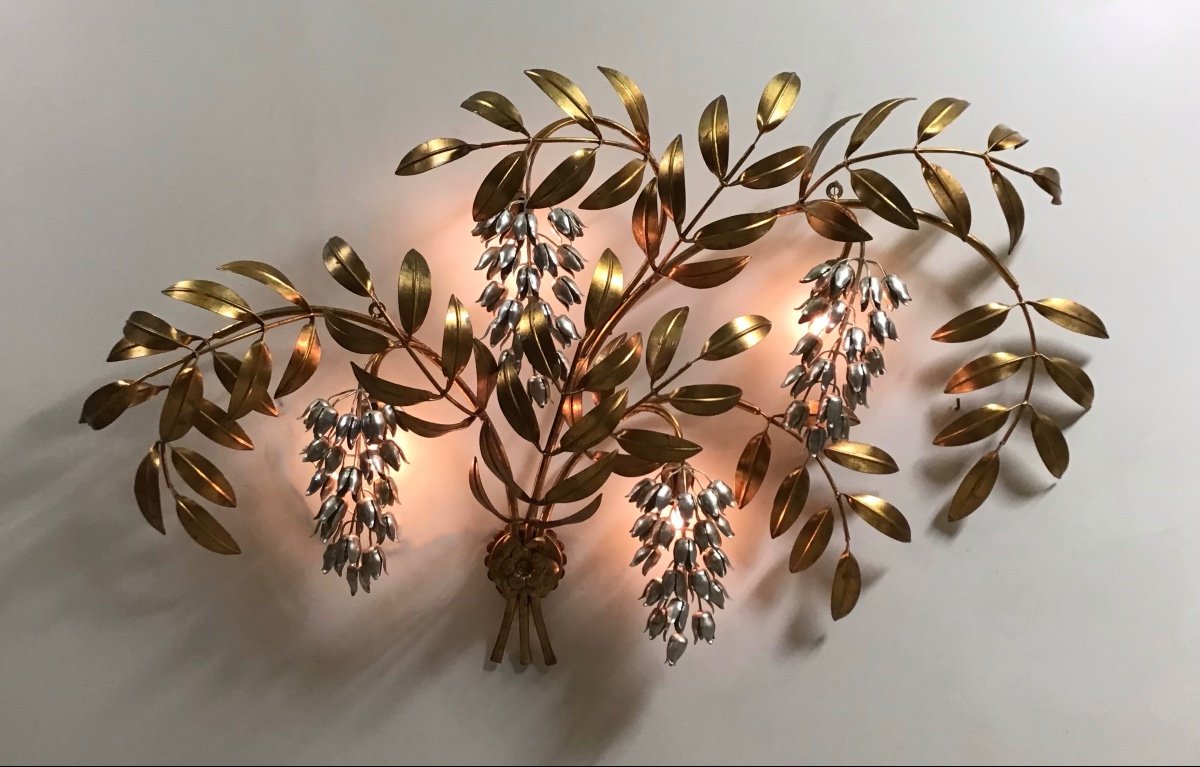 Hans Kogl Très Grande Applique En Métal Doré Et Fleurs Argentées 4 Lumières 1960-photo-2