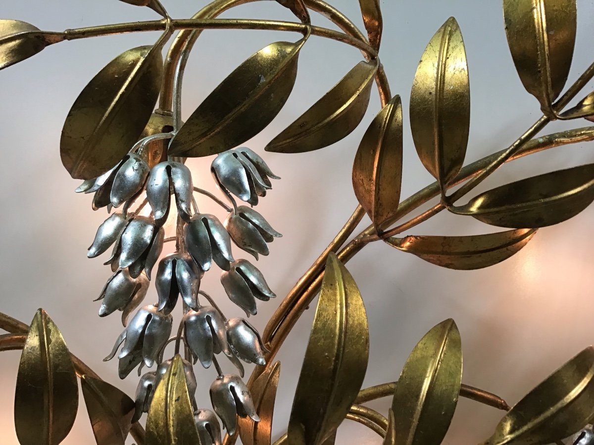 Hans Kogl Très Grande Applique En Métal Doré Et Fleurs Argentées 4 Lumières 1960-photo-4