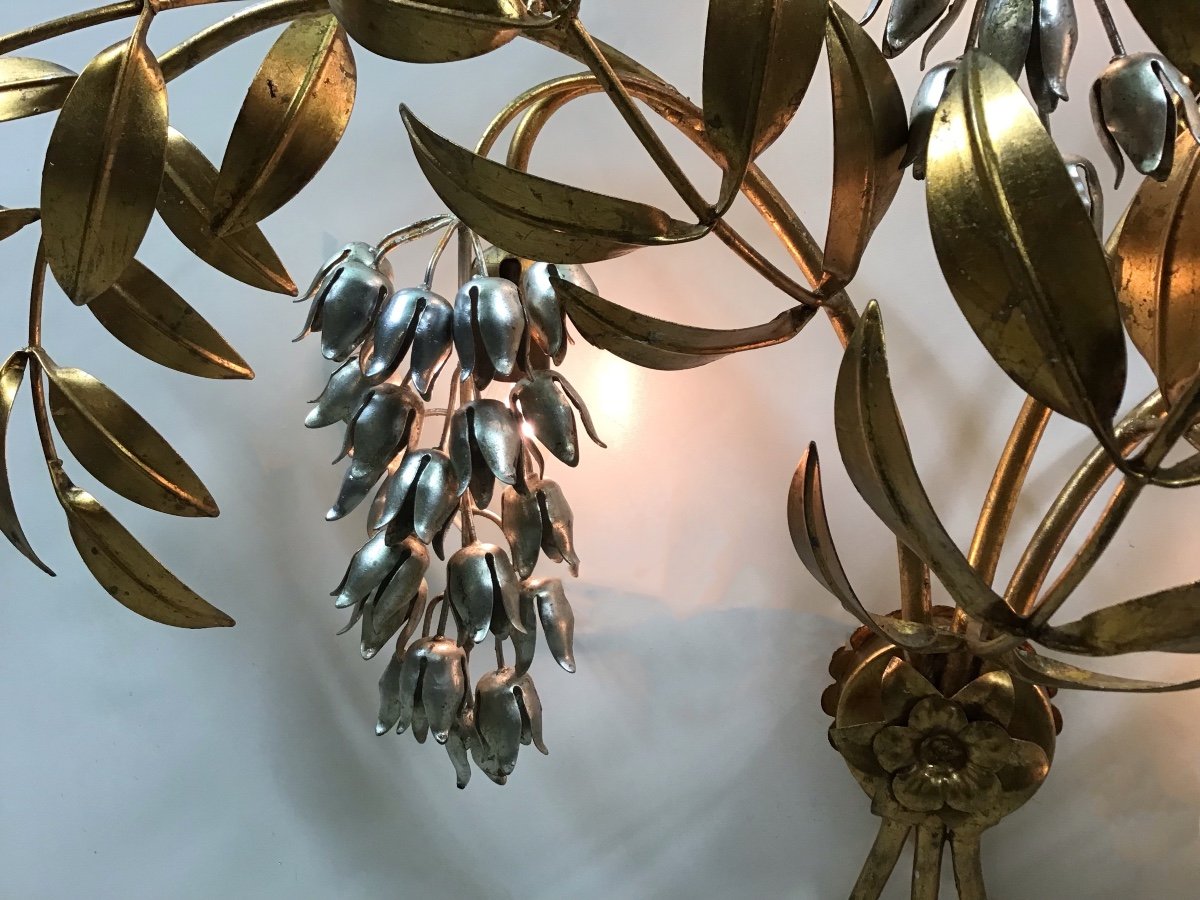 Hans Kogl Très Grande Applique En Métal Doré Et Fleurs Argentées 4 Lumières 1960-photo-1