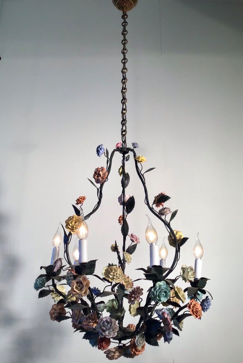 Lustre à Grandes Fleurs Multicolores En Porcelaine à 6 Lumières structure métal vert foncé-photo-7