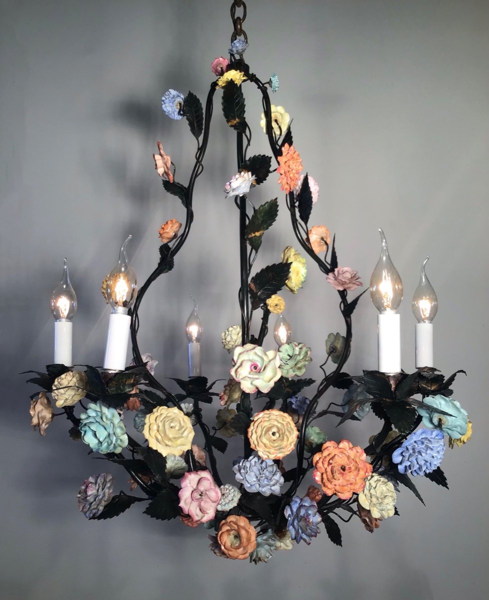 Lustre à Grandes Fleurs Multicolores En Porcelaine à 6 Lumières structure métal vert foncé